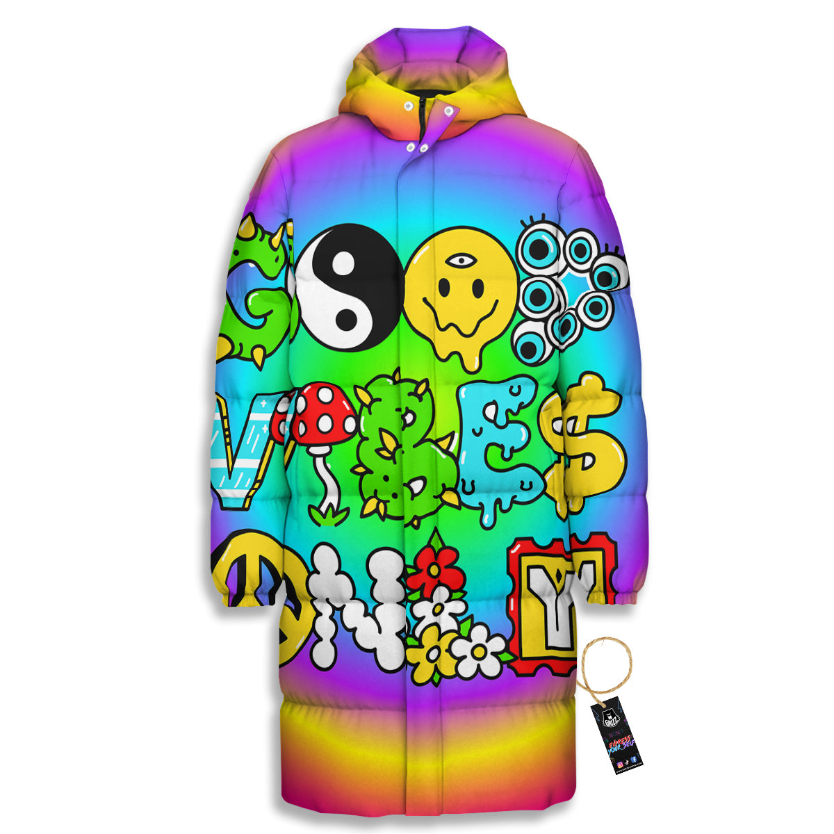 Good Vibes Only Quote Trippy Psychedelic Print Long Down Jacket