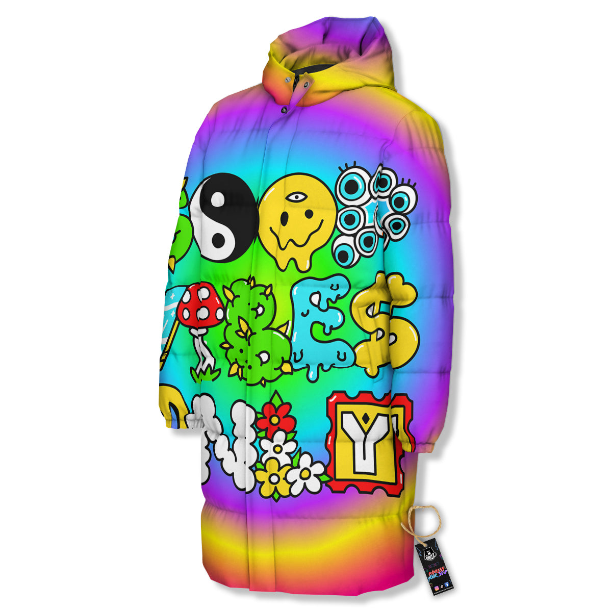 Good Vibes Only Quote Trippy Psychedelic Print Long Down Jacket