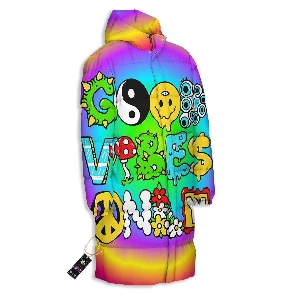 Good Vibes Only Quote Trippy Psychedelic Print Long Down Jacket