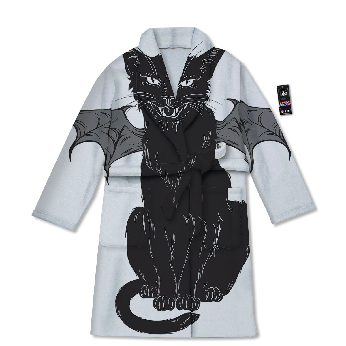 Gothic Wiccan Cat White And Black Print Bathrobe-grizzshop