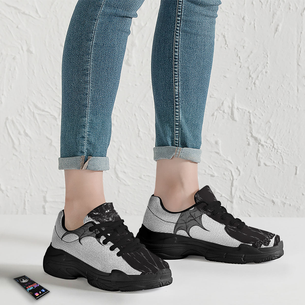 Gothic Wiccan Cat White And Black Print Black Chunky Shoes-grizzshop