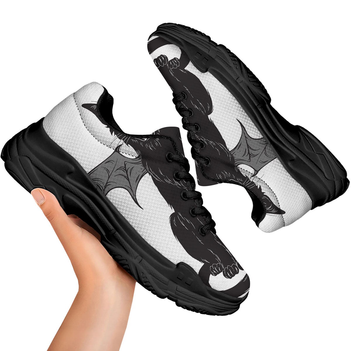Gothic Wiccan Cat White And Black Print Black Chunky Shoes-grizzshop