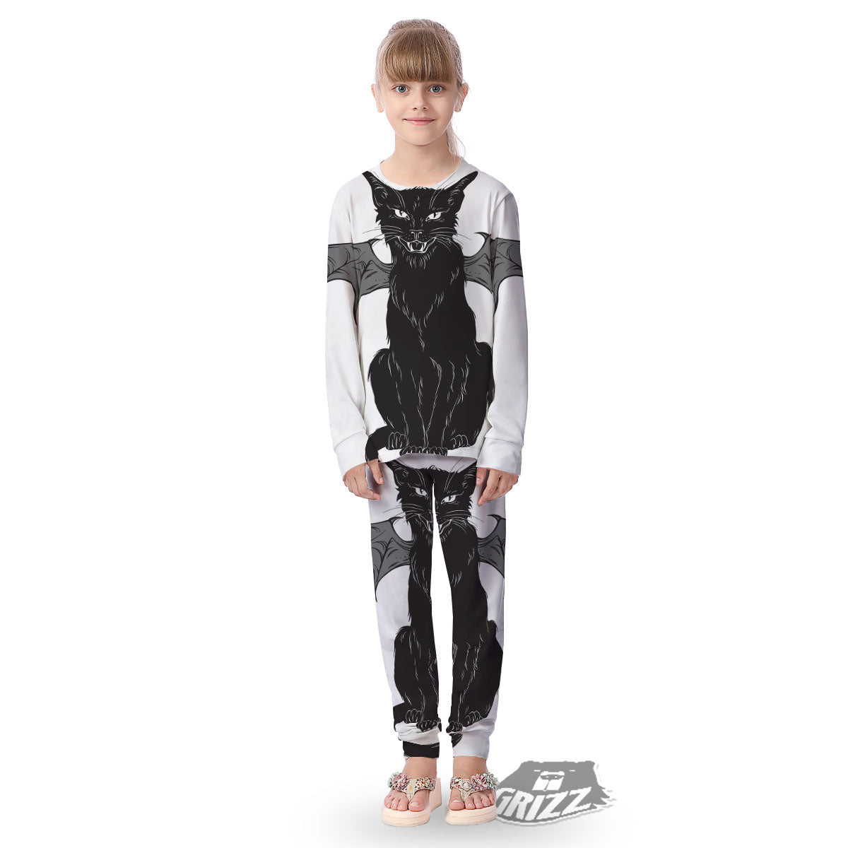 Gothic Wiccan Cat White And Black Print Kid's Pajamas-grizzshop