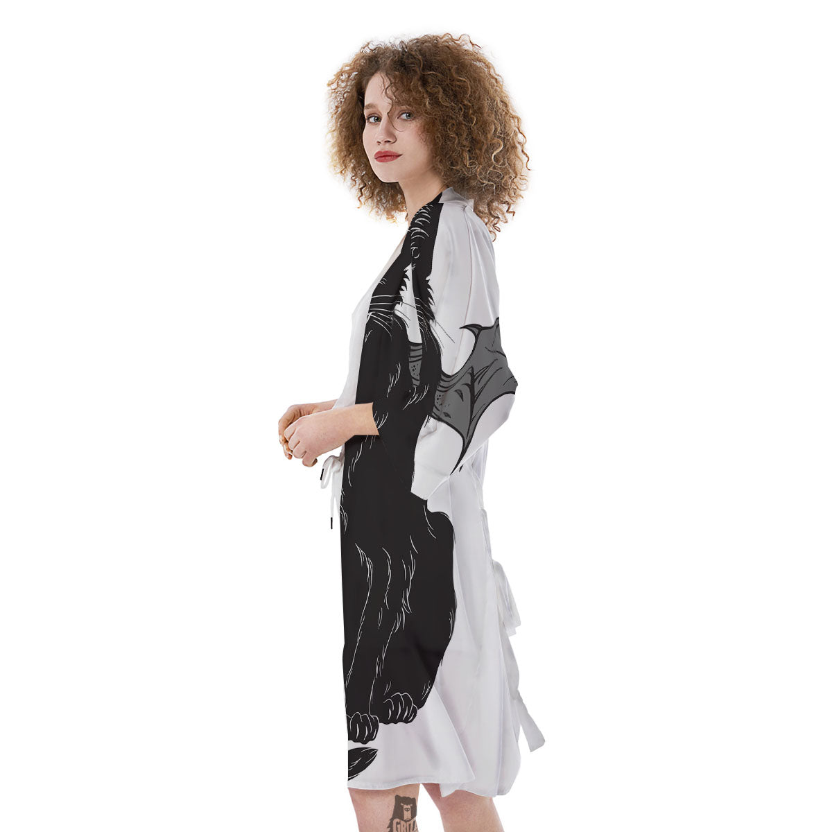 Gothic Wiccan Cat White And Black Print Kimono-grizzshop