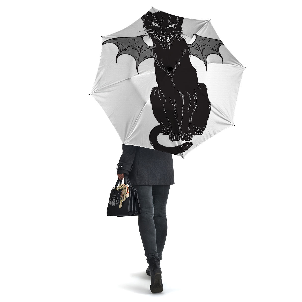 Gothic Wiccan Cat White And Black Print Umbrella-grizzshop