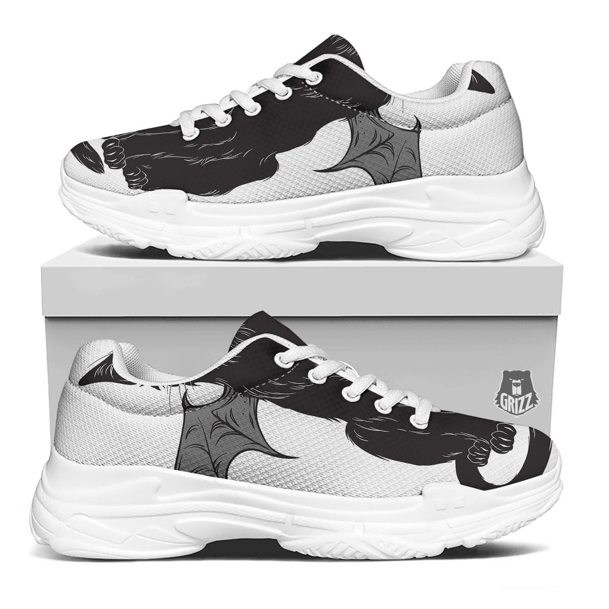 Gothic Wiccan Cat White And Black Print White Chunky Shoes-grizzshop