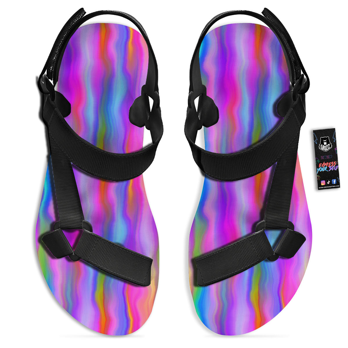 Gradient Psychedelic Print Pattern Black Open Toe Sandals-grizzshop