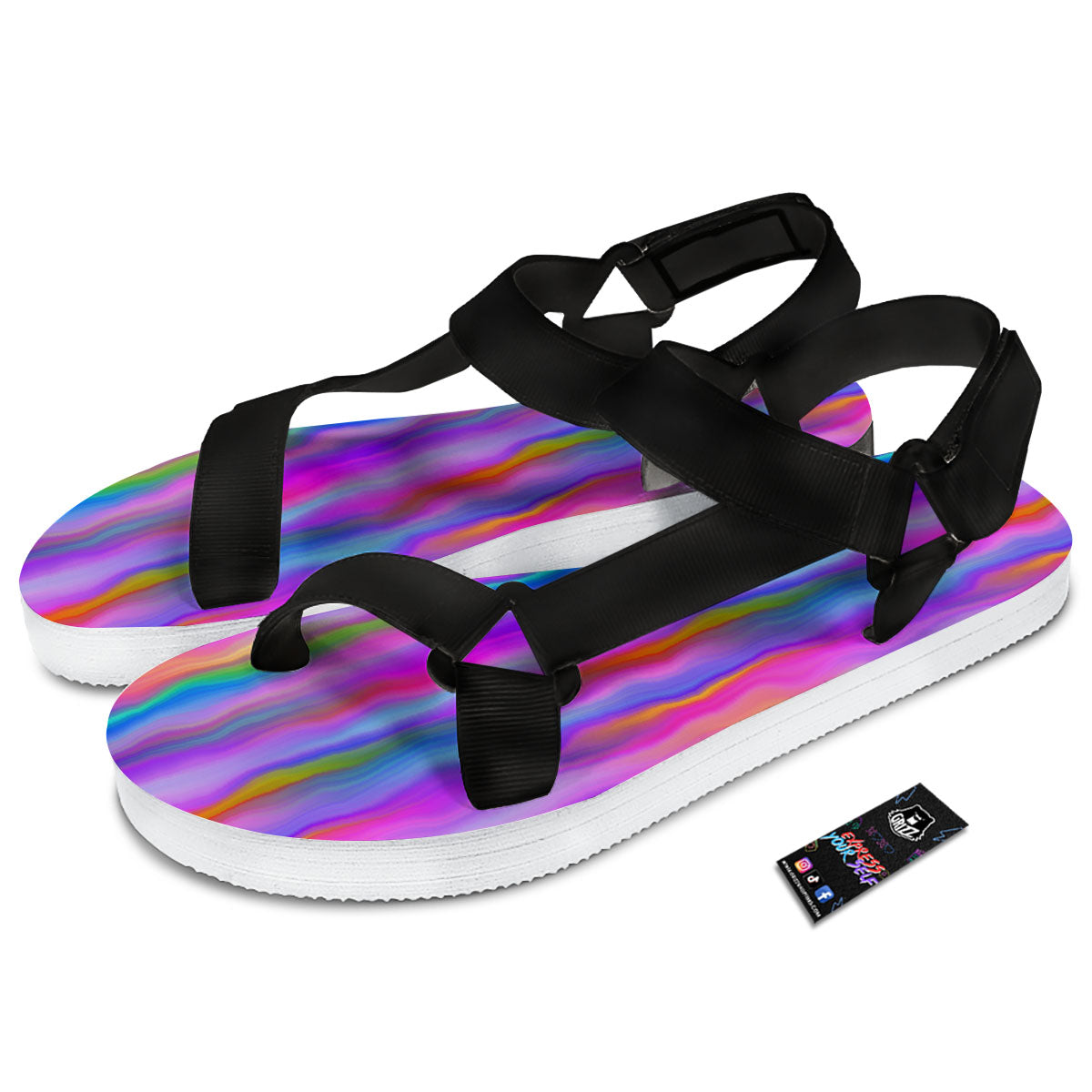Gradient Psychedelic Print Pattern Black Open Toe Sandals-grizzshop