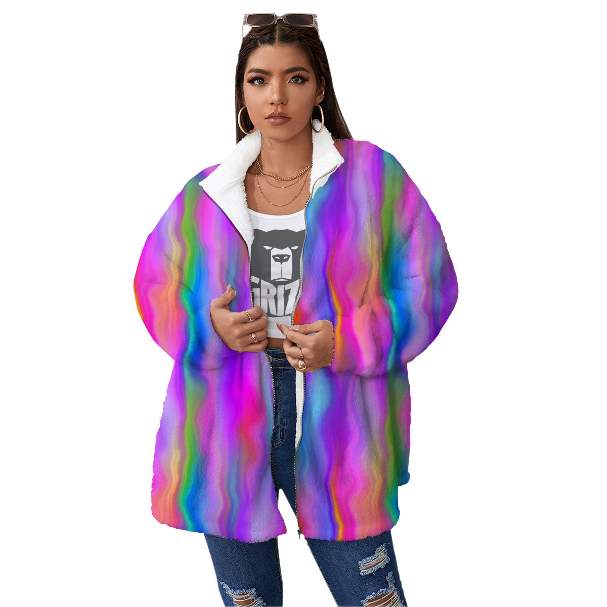 Gradient Psychedelic Print Pattern Women's Sherpa Jacket-grizzshop