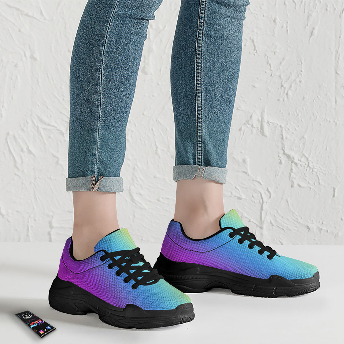 Gradient Rainbow Print Pattern Black Chunky Shoes-grizzshop
