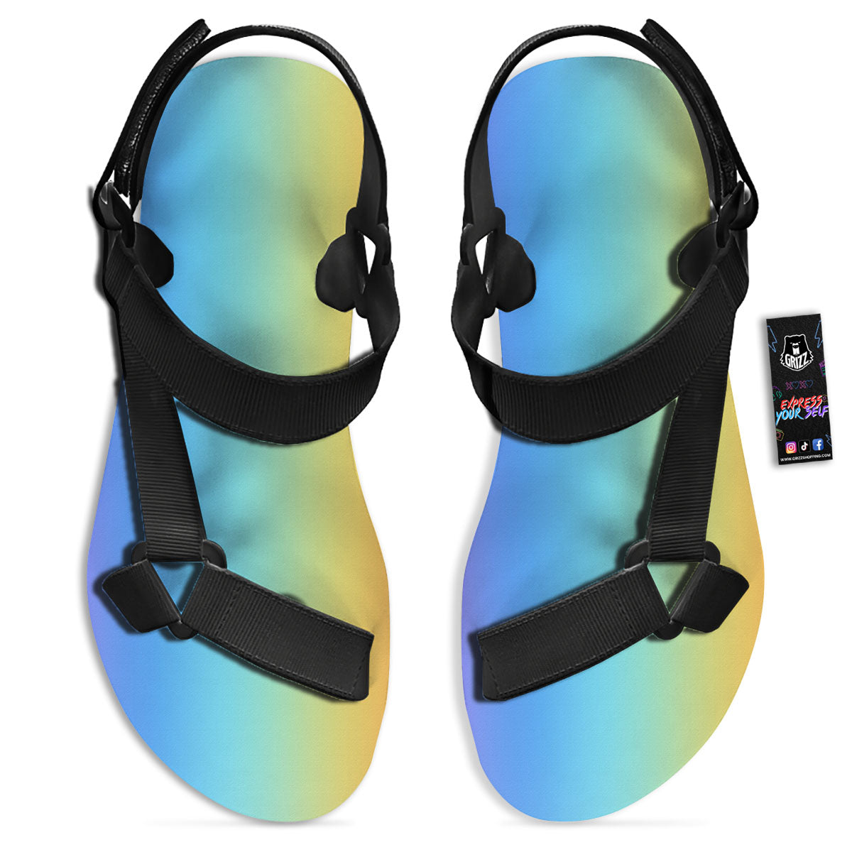 Gradient Rainbow Print Pattern Black Open Toe Sandals-grizzshop