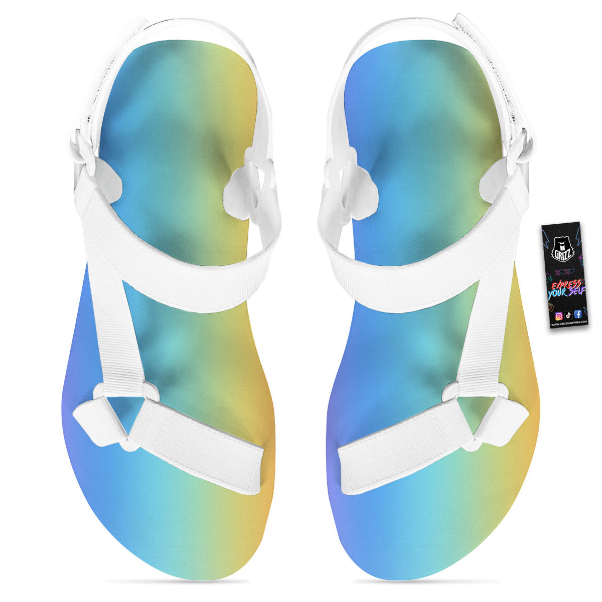 Gradient Rainbow Print Pattern White Open Toe Sandals-grizzshop