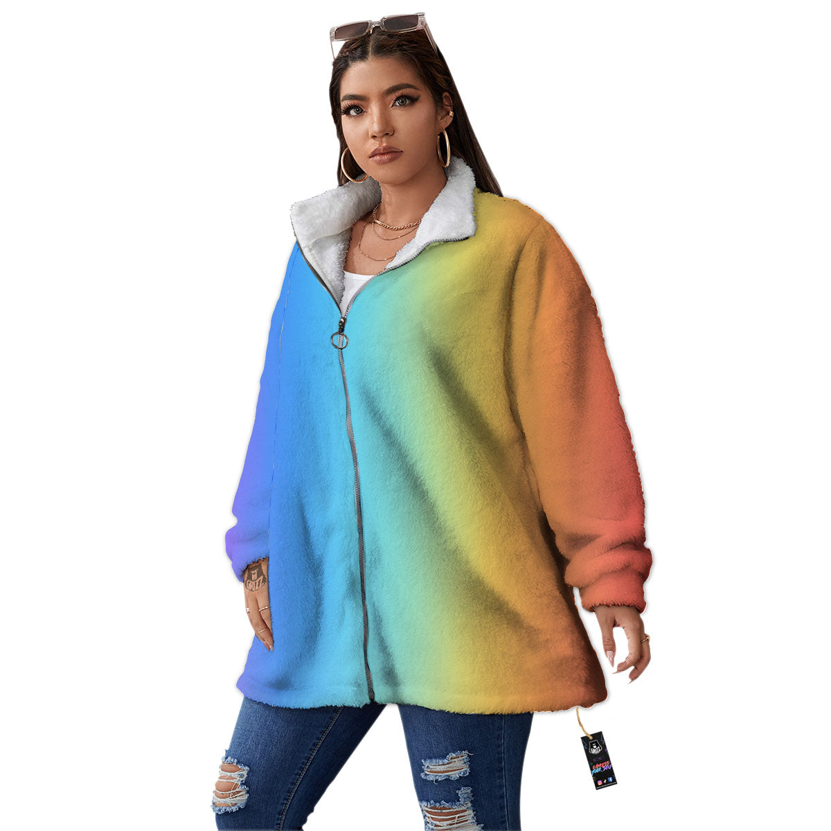 Gradient Rainbow Print Pattern Women's Sherpa Jacket-grizzshop