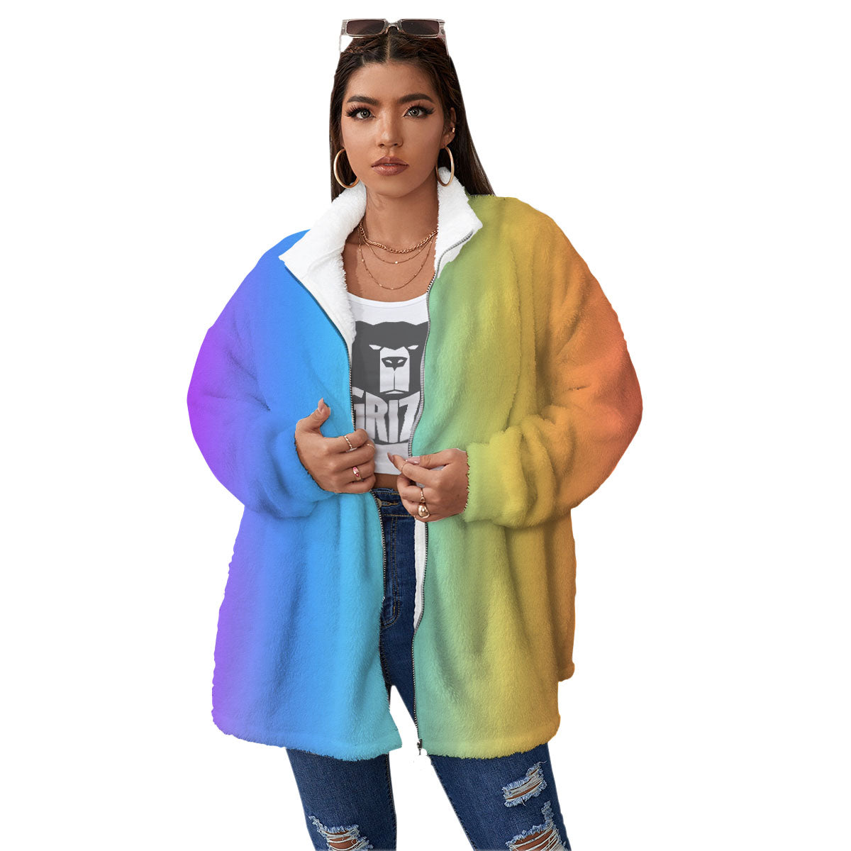 Gradient Rainbow Print Pattern Women's Sherpa Jacket-grizzshop