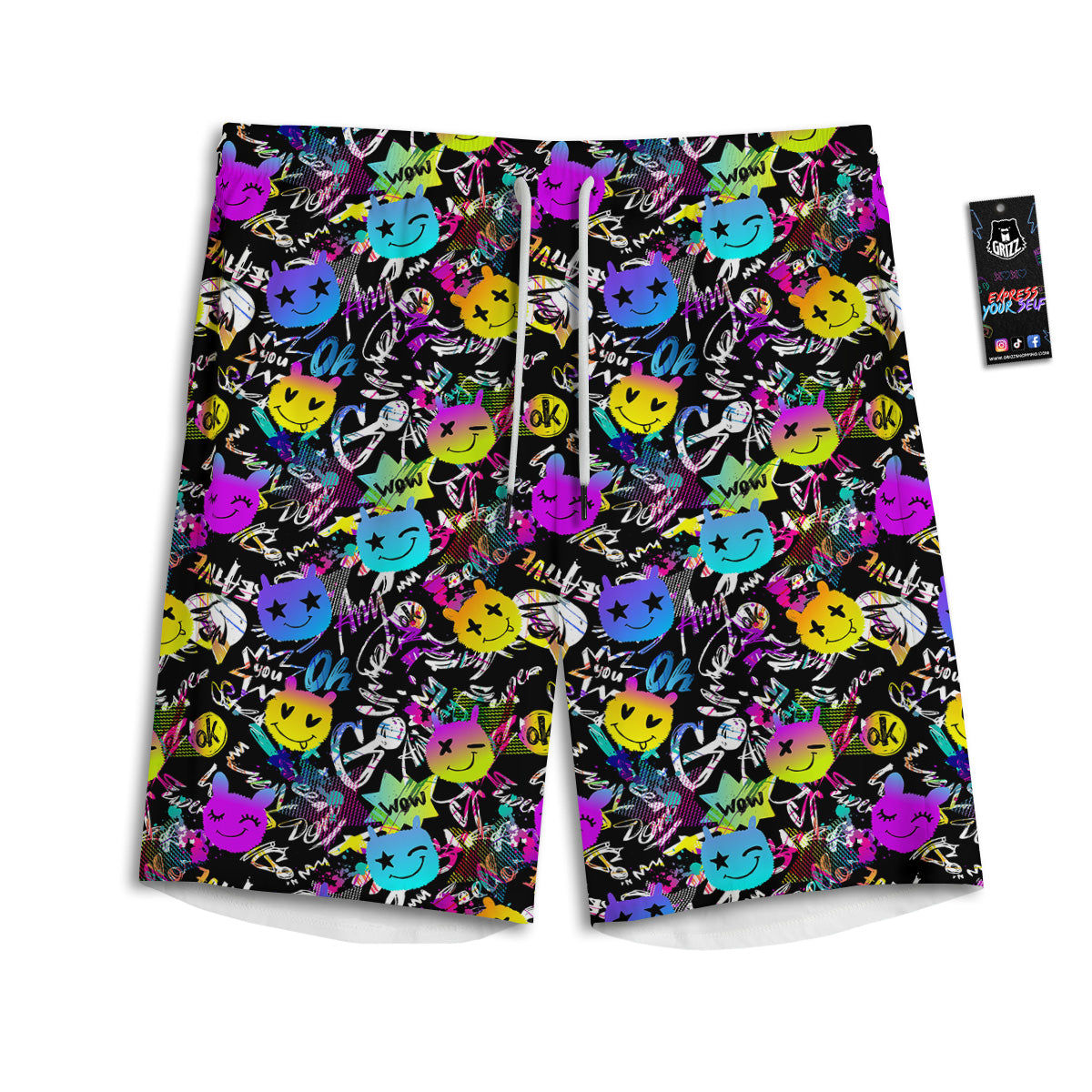 Graffiti Colorful Emoji Faces Print Pattern Men's Athletic Shorts