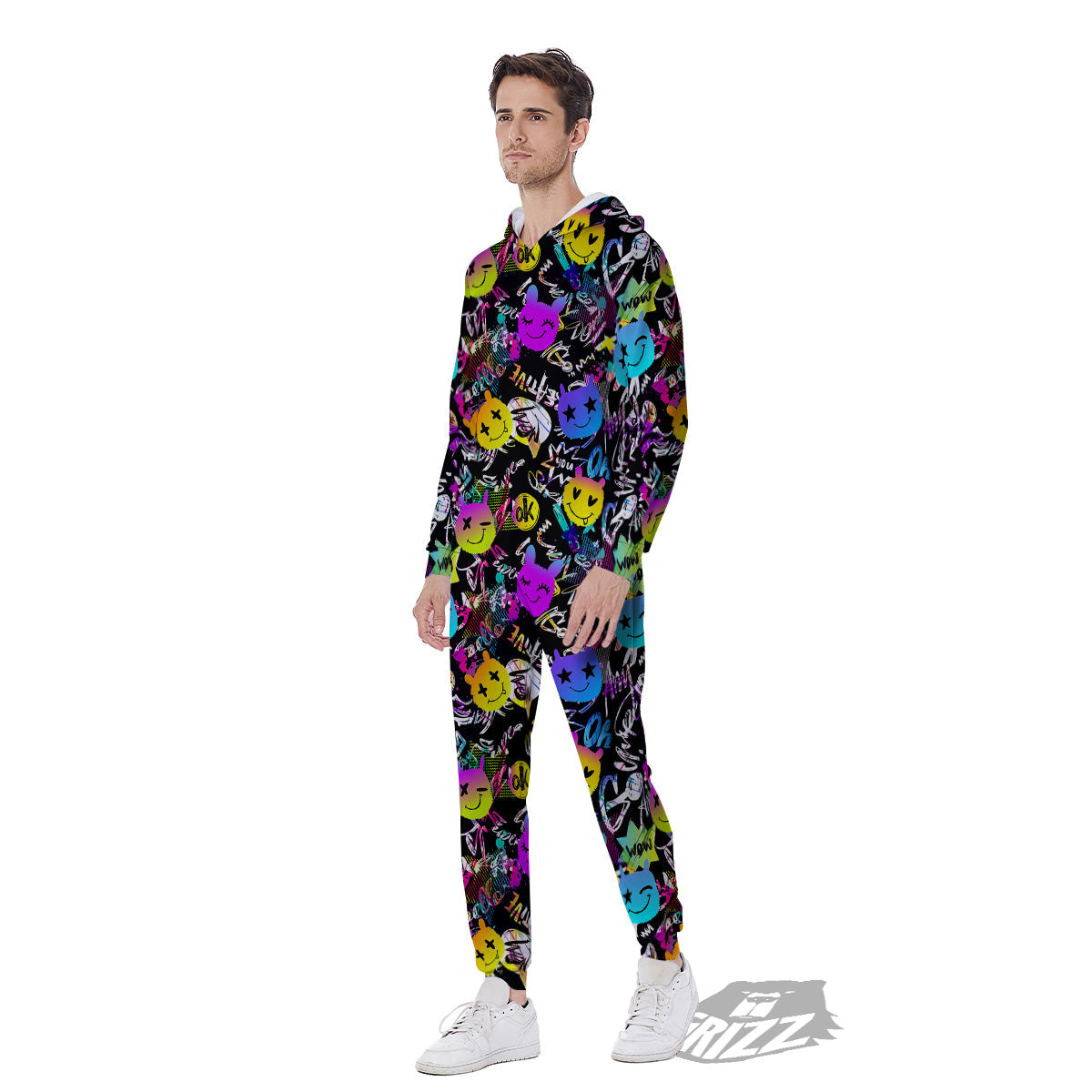 Graffiti Colorful Emoji Faces Print Pattern Men's Jumpsuit-grizzshop