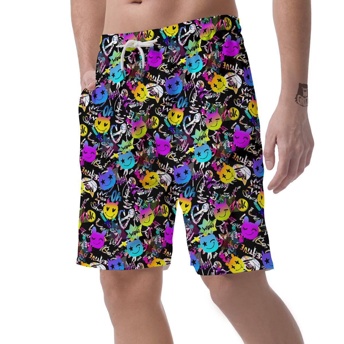 Graffiti Colorful Emoji Faces Print Pattern Men's Shorts-grizzshop