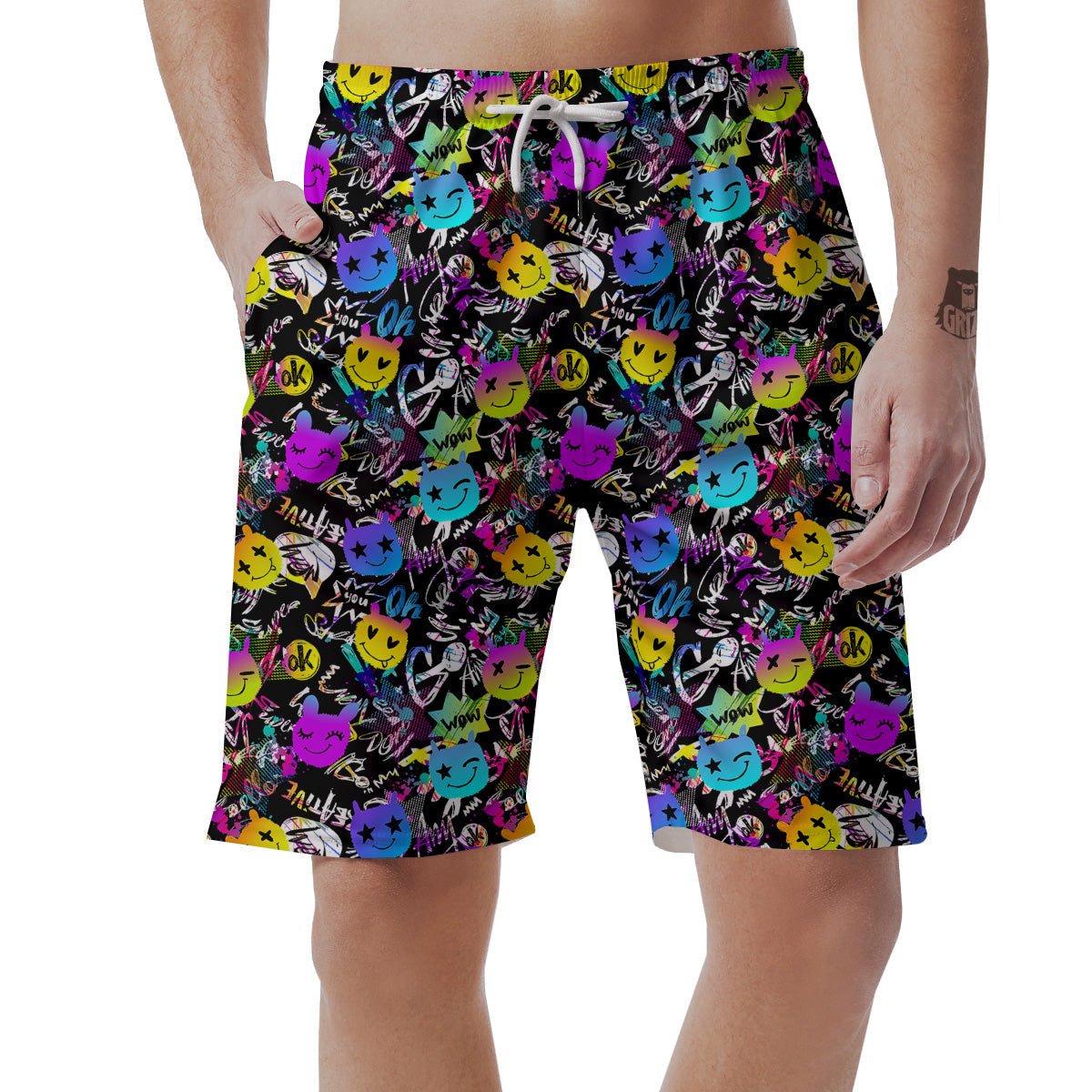 Graffiti Colorful Emoji Faces Print Pattern Men's Shorts-grizzshop