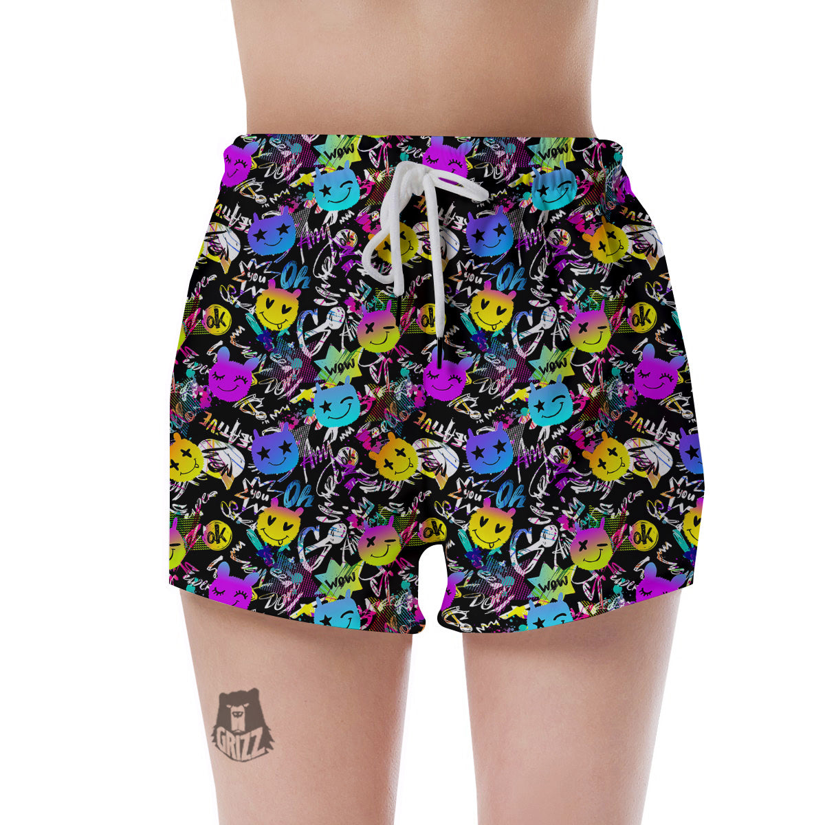 Graffiti Colorful Emoji Faces Print Pattern Women's Shorts-grizzshop