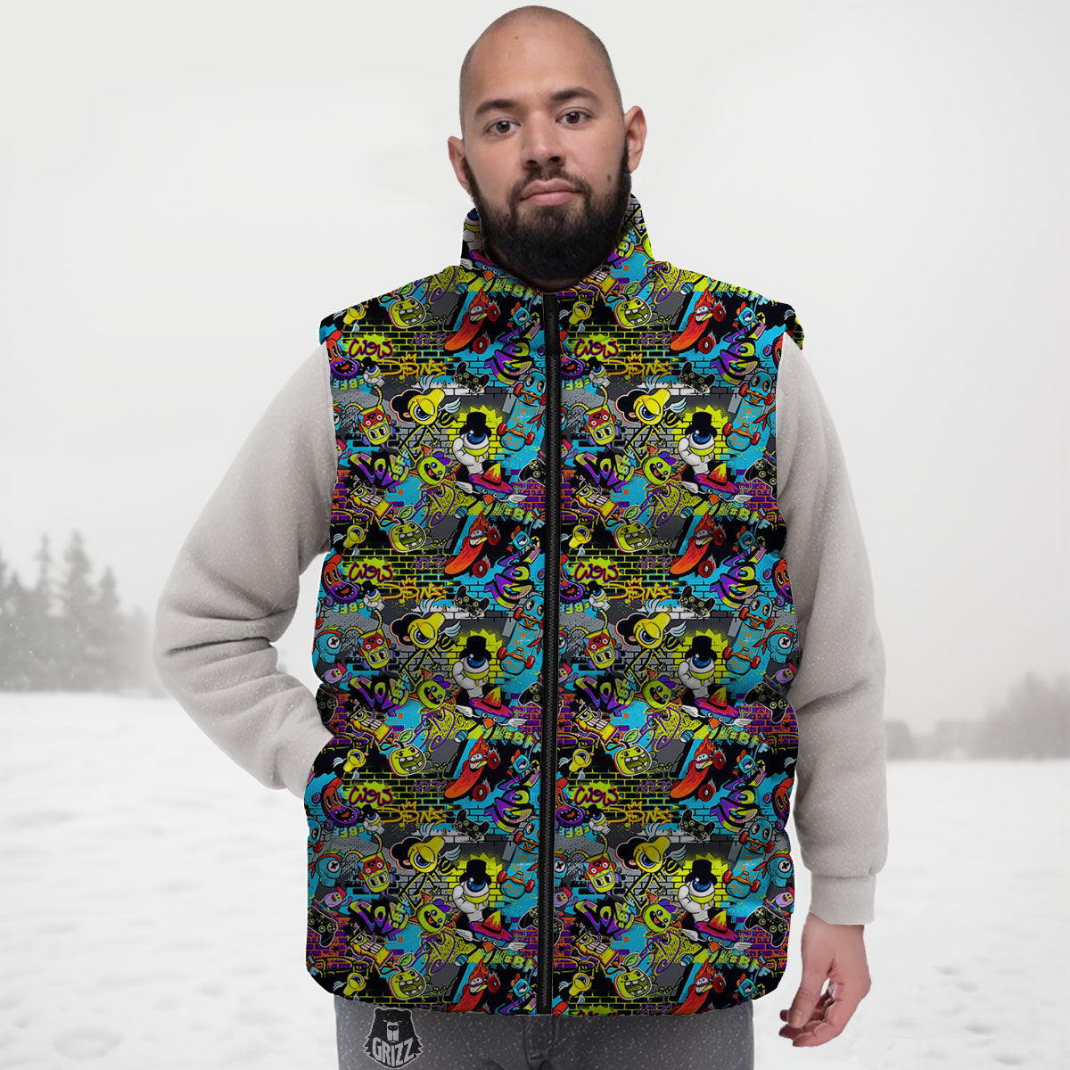 Graffiti Funky Print Pattern Down Vest-grizzshop