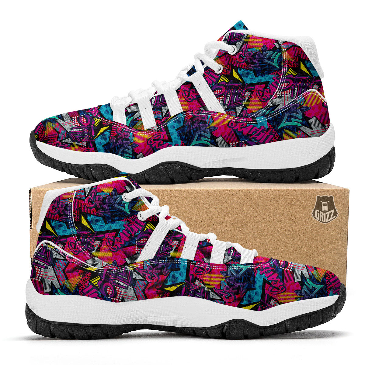 Graffiti Grunge Print Pattern White Bball Shoes-grizzshop