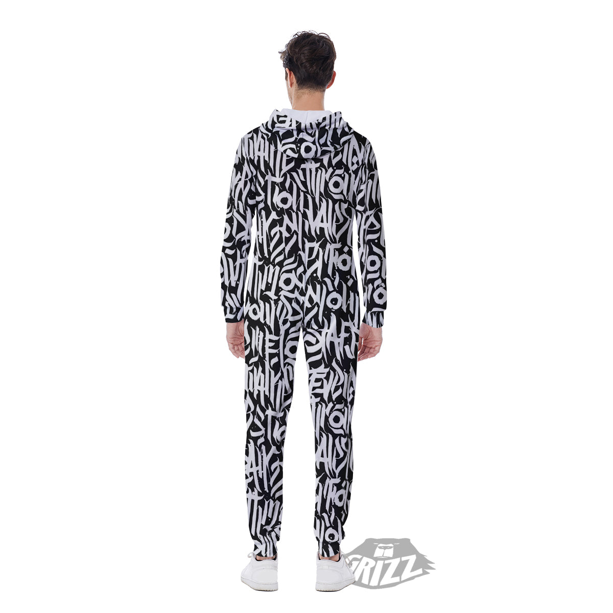 Graffiti Grunge White Text Abstract Print Men's Jumpsuit-grizzshop