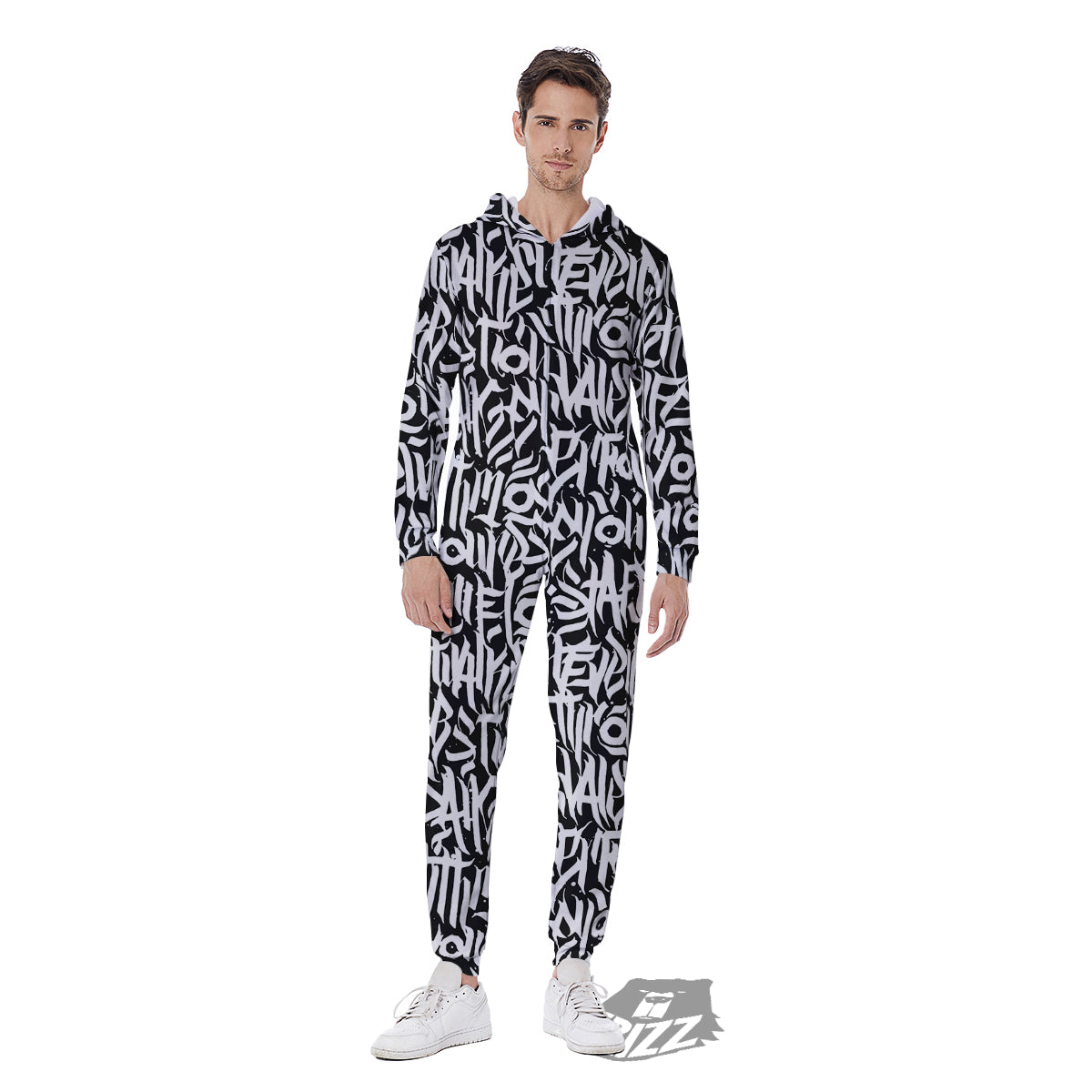 Graffiti Grunge White Text Abstract Print Men's Jumpsuit-grizzshop