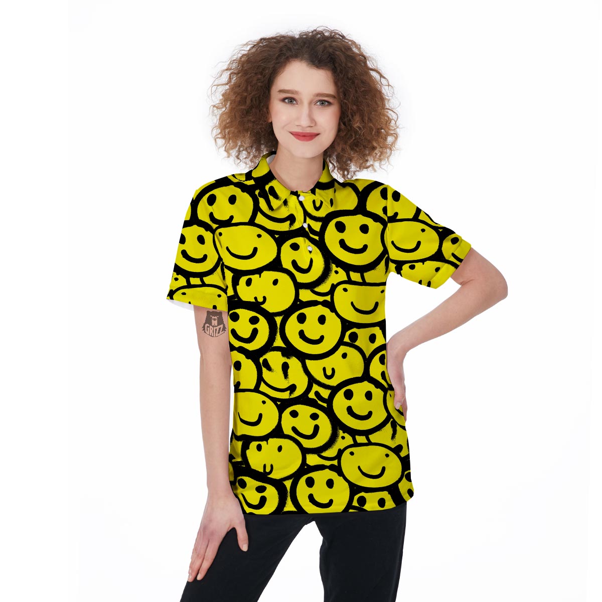 Graffiti Happy Emoji Print Women's Golf Shirts-grizzshop