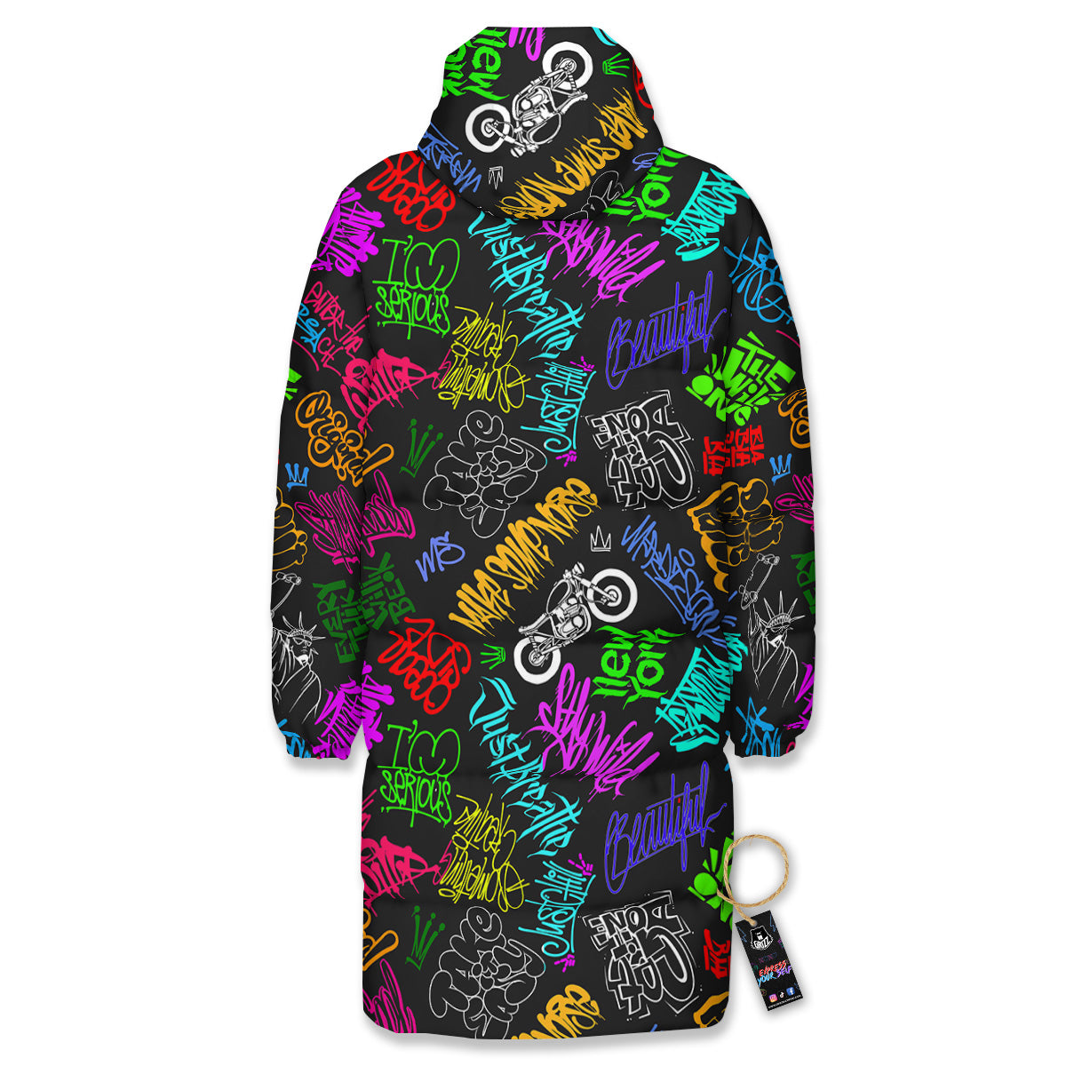 Graffiti Text Colorful Urban Elements Print Pattern Long Down Jacket-grizzshop