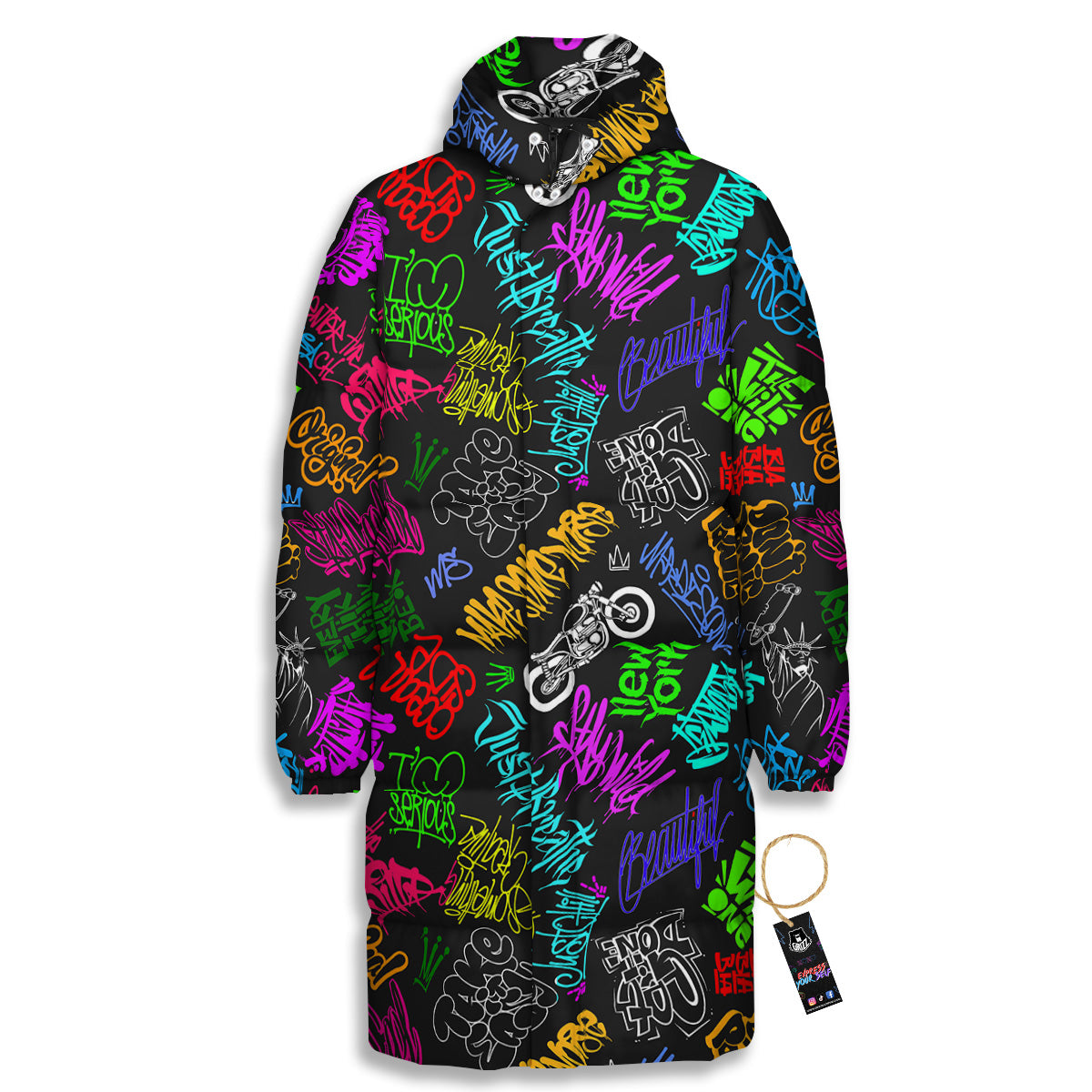 Graffiti Text Colorful Urban Elements Print Pattern Long Down Jacket-grizzshop