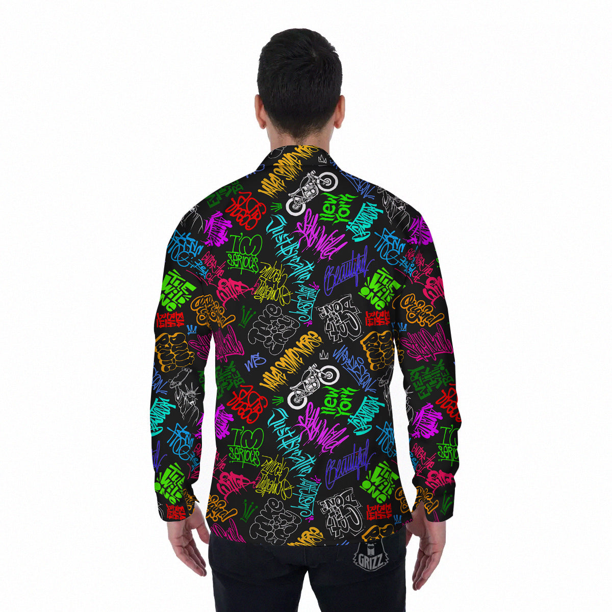 Graffiti Text Colorful Urban Elements Print Pattern Men's Long Sleeve Shirts-grizzshop