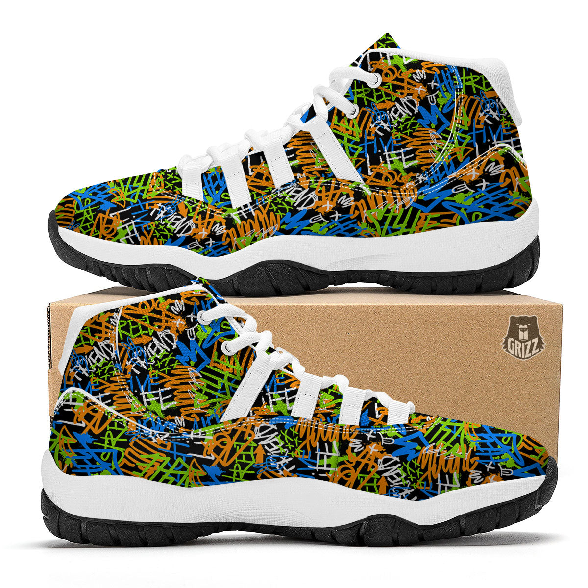 Graffiti Text Print Pattern White Bball Shoes-grizzshop