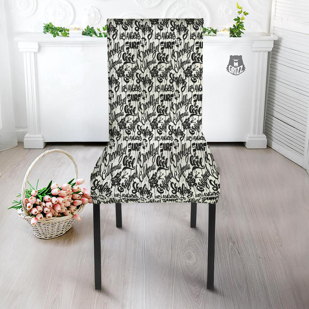 Graffiti White And Black Print Pattern Dining Chair Slipcover-grizzshop