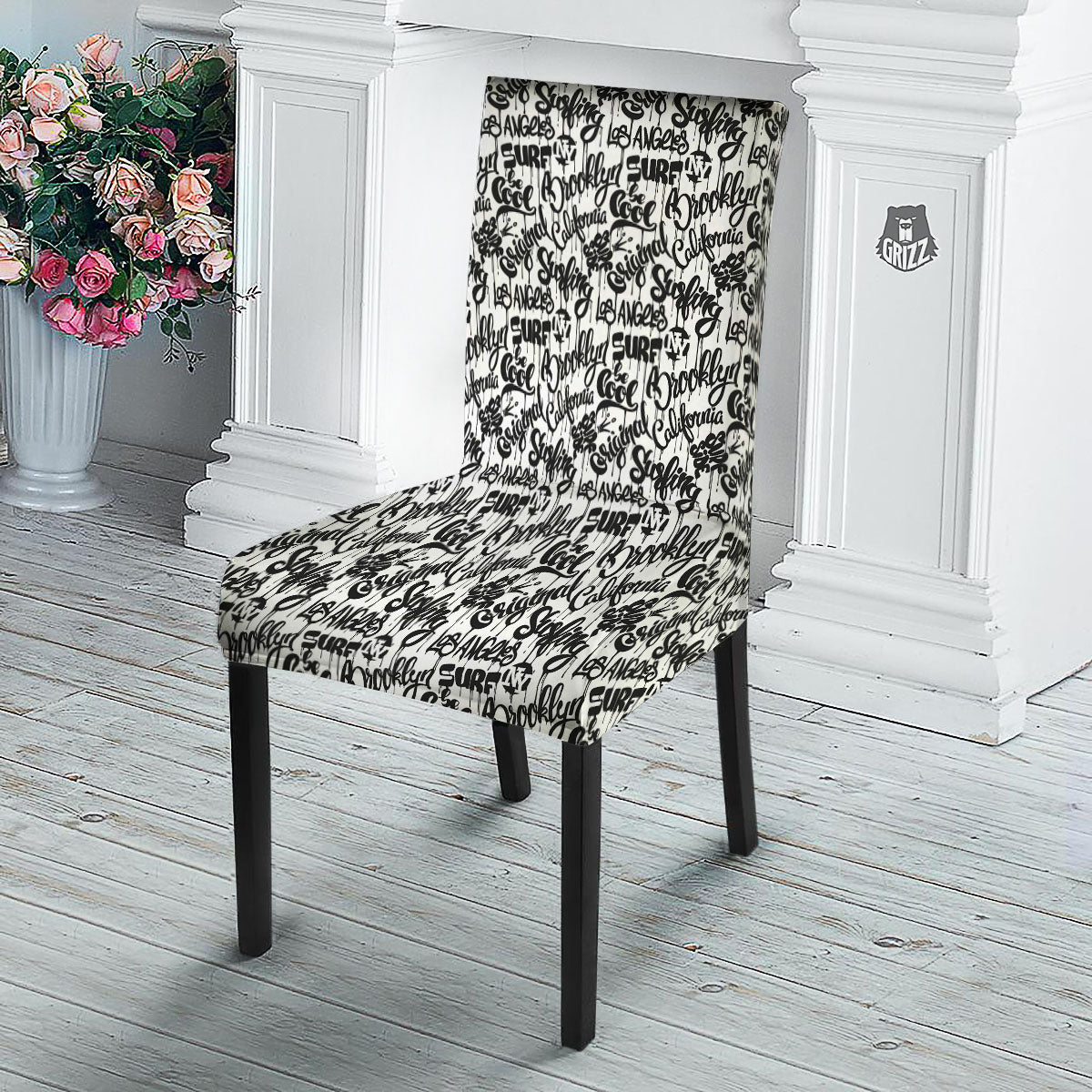 Graffiti White And Black Print Pattern Dining Chair Slipcover-grizzshop