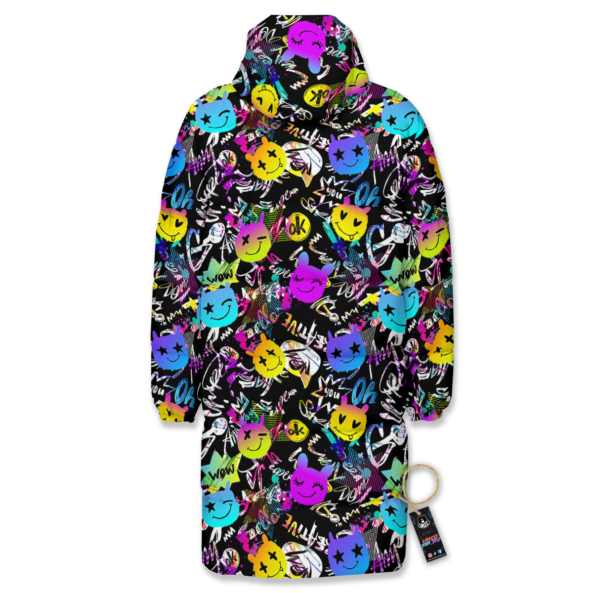 Graffiti Colorful Emoji Faces Print Pattern Long Down Jacket