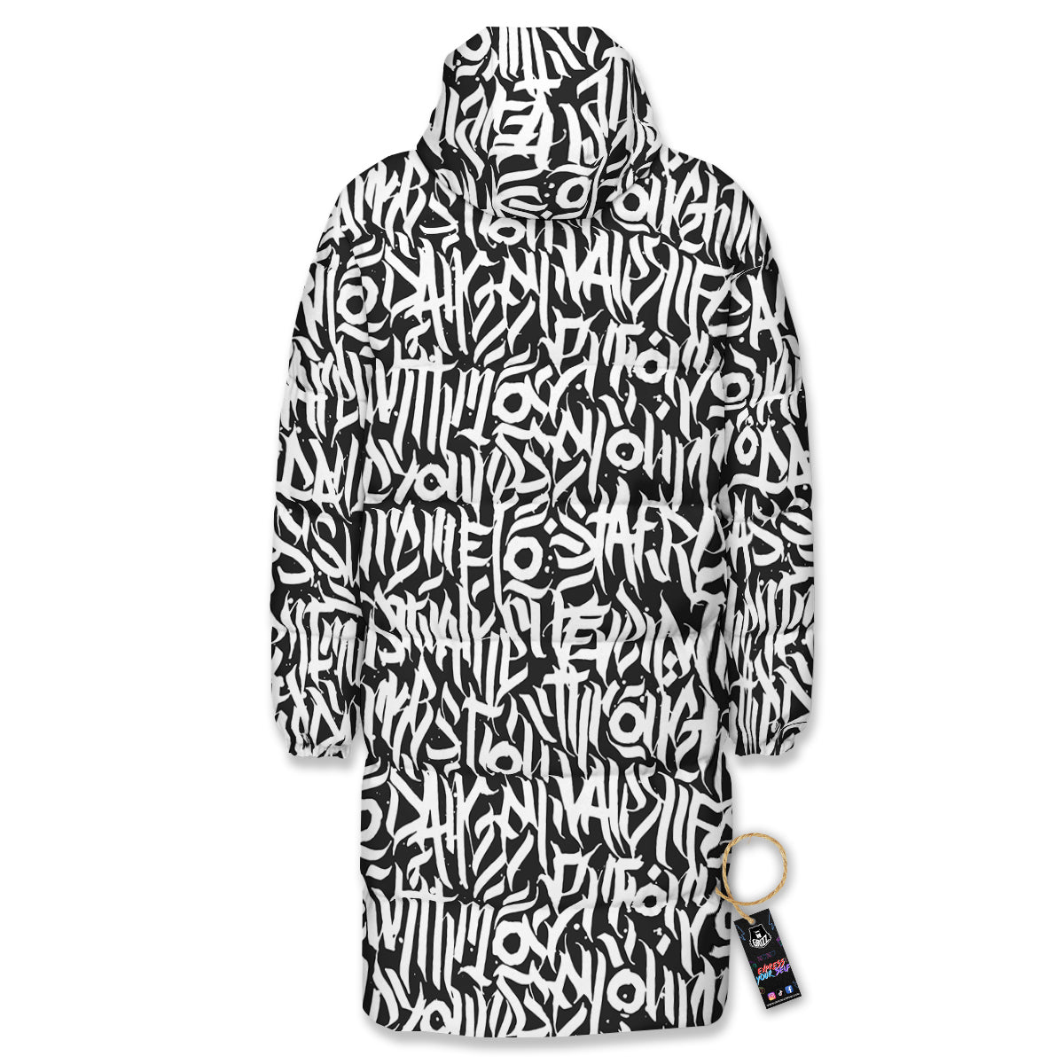 Graffiti Grunge White Text Abstract Print Long Down Jacket