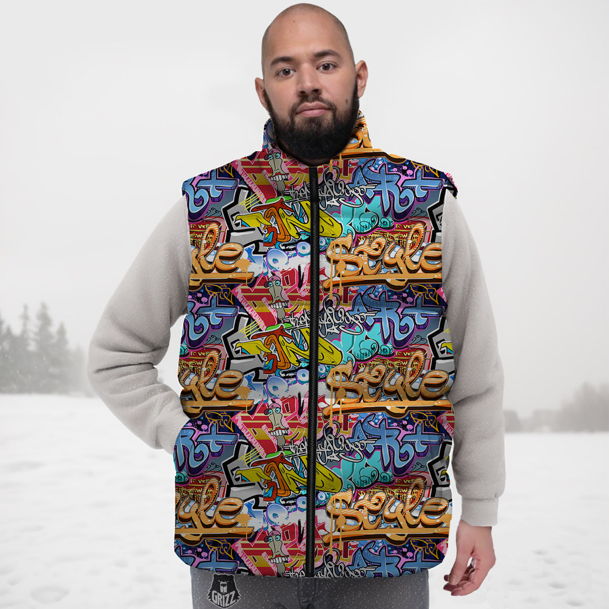 Graffity Street Art Print Pattern Down Vest-grizzshop