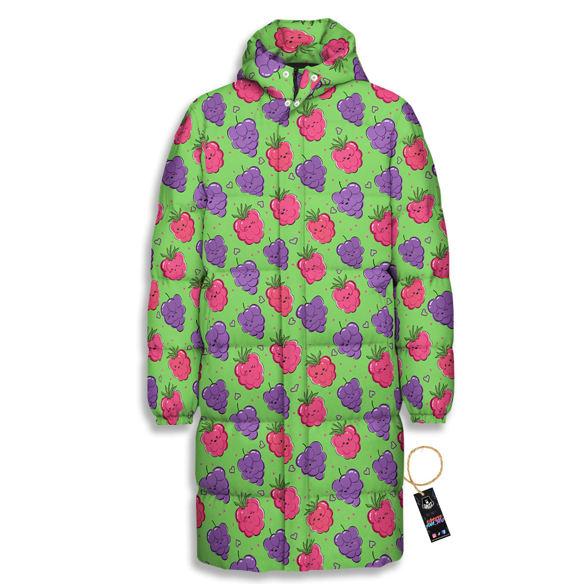 Grape Cute Print Pattern Long Down Jacket-grizzshop