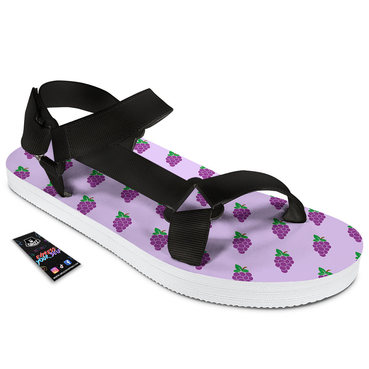 Grape Purple Print Pattern Black Open Toe Sandals-grizzshop