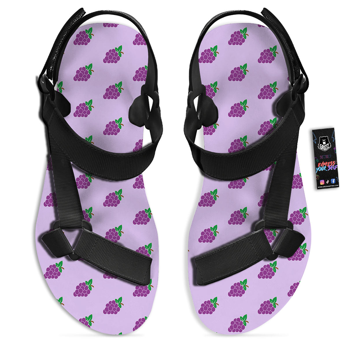 Grape Purple Print Pattern Black Open Toe Sandals-grizzshop
