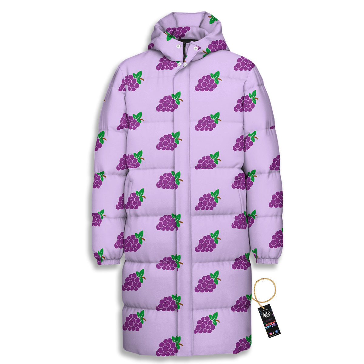 Grape Purple Print Pattern Long Down Jacket-grizzshop