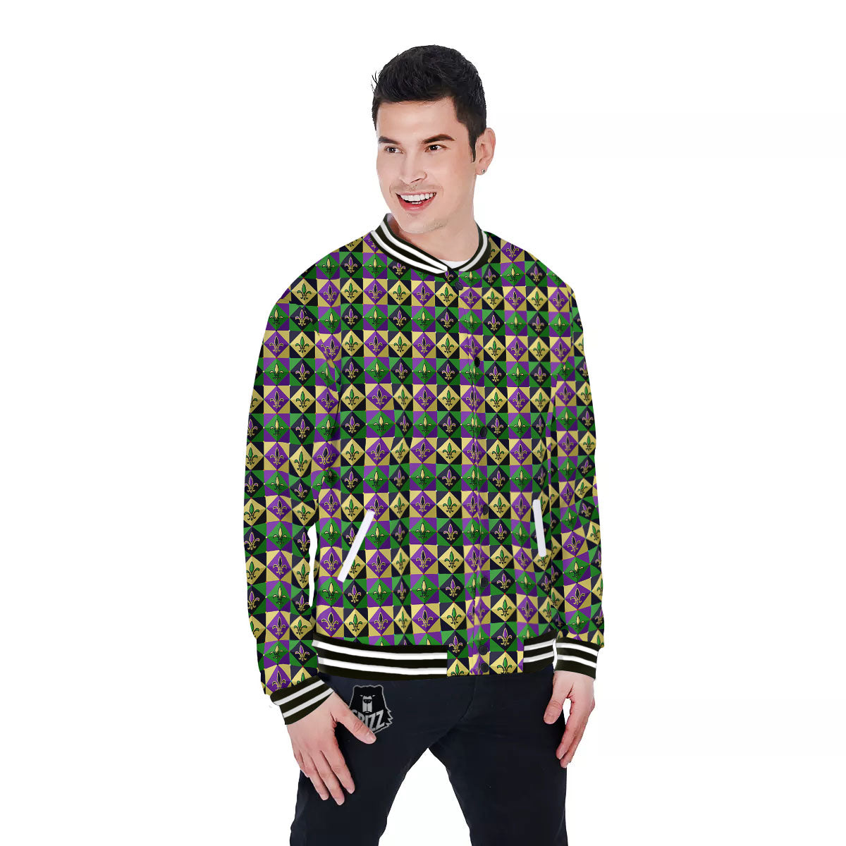 Gras Geometric Mardi Print Pattern Baseball Jacket-grizzshop
