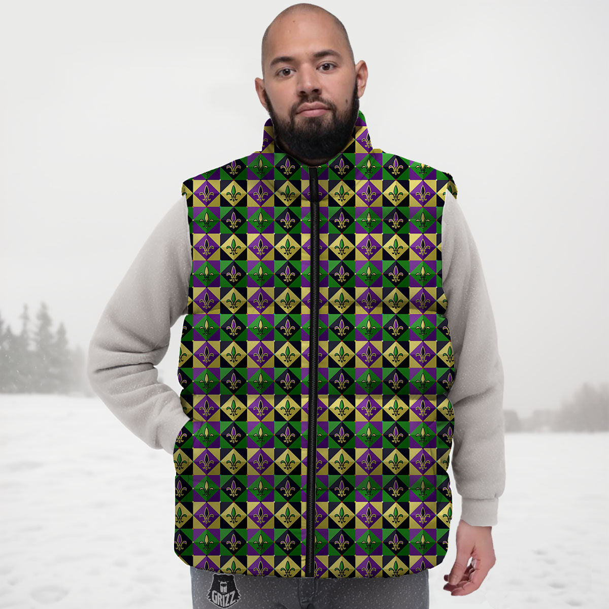 Gras Geometric Mardi Print Pattern Down Vest-grizzshop