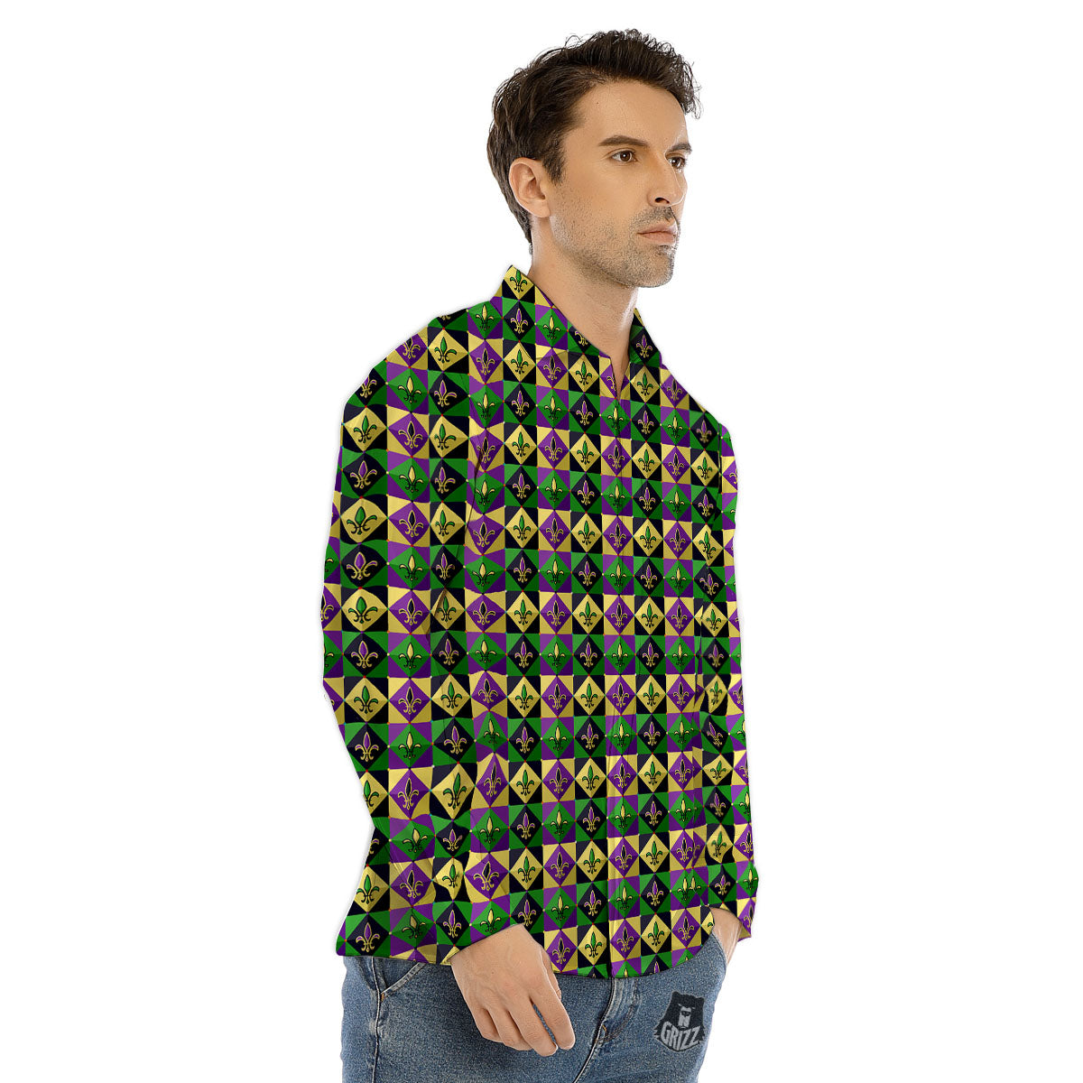 Gras Geometric Mardi Print Pattern Men's Dress Shirts-grizzshop