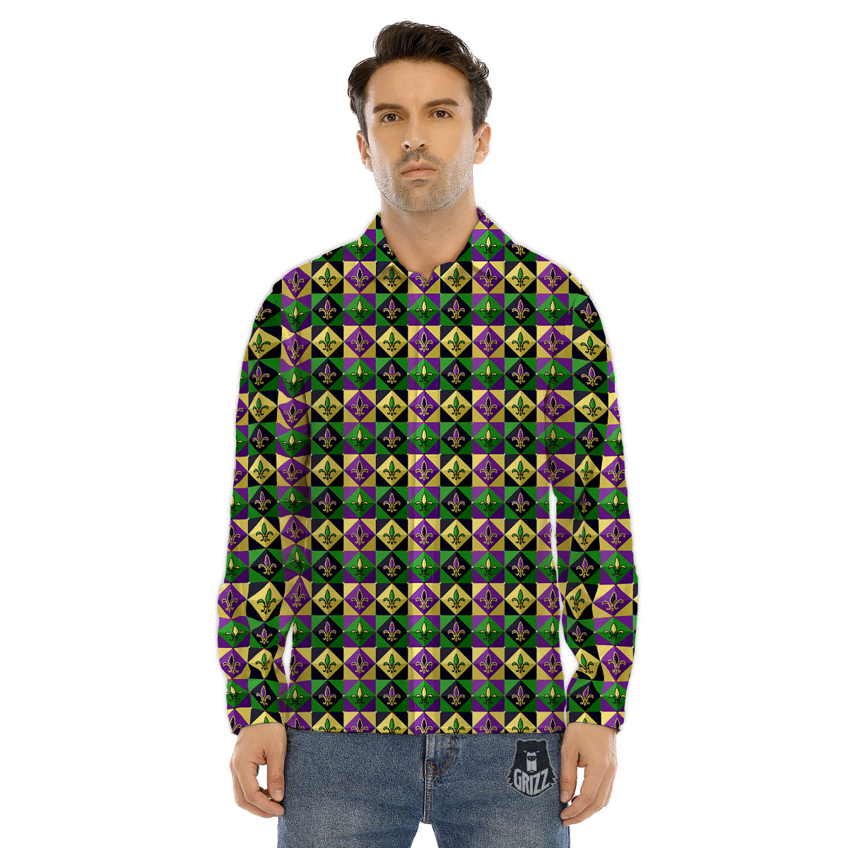 Gras Geometric Mardi Print Pattern Men's Dress Shirts-grizzshop