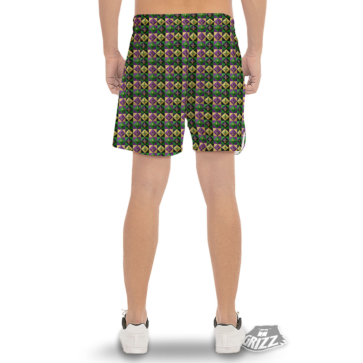 Gras Geometric Mardi Print Pattern Men's Gym Shorts-grizzshop