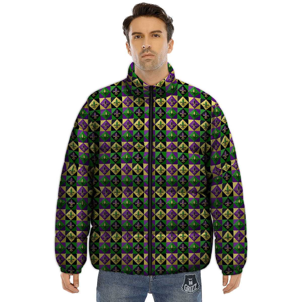 Gras Geometric Mardi Print Pattern Puffer Jacket-grizzshop