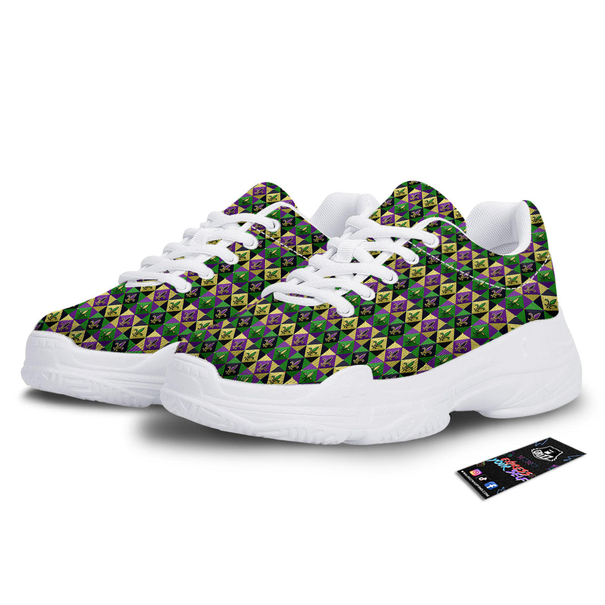 Gras Geometric Mardi Print Pattern White Chunky Shoes-grizzshop
