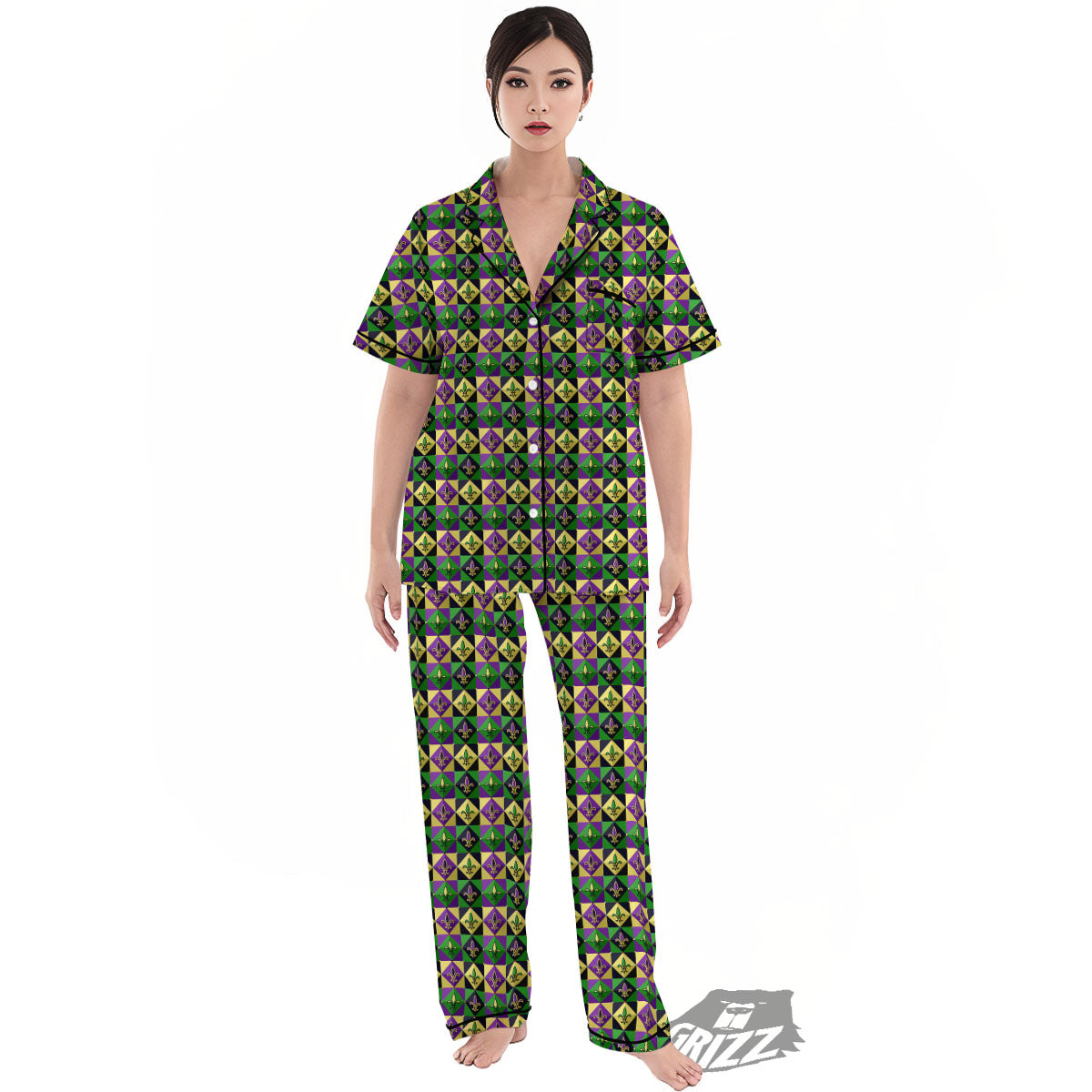 Gras Geometric Mardi Print Pattern Women's Pajamas Set-grizzshop
