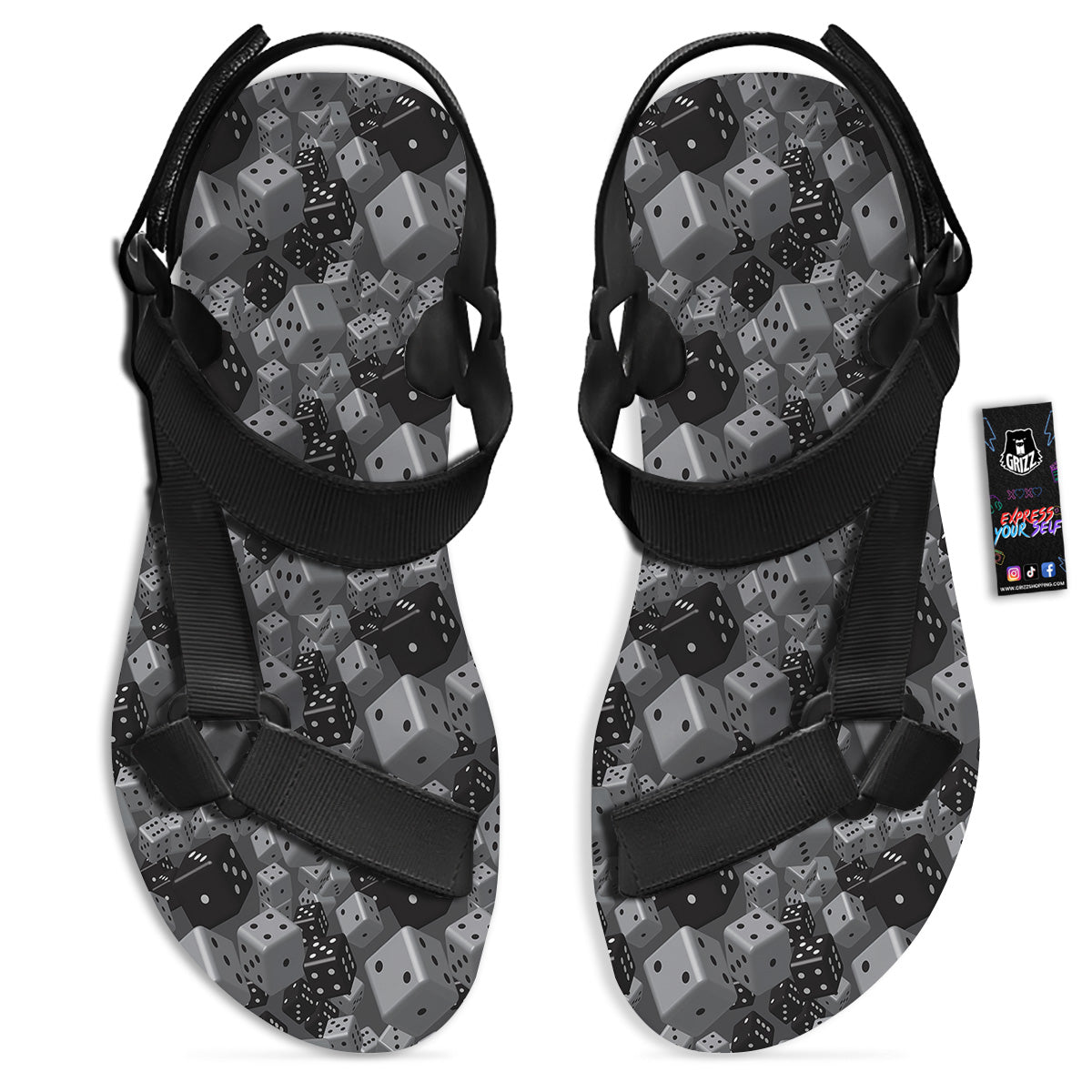 Gray Black 3D Dice Print Pattern Black Open Toe Sandals-grizzshop
